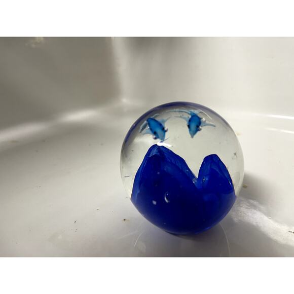 Hand Blown Glass Ocean Blue Ball Fish Sharks Art Paperweight Round - Picture 3 of 5